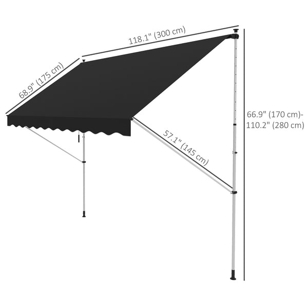 10x5ft Patio Sun Shade Canopy, Manual Retractable Awning with 5.6-9.2ft Support Pole for Window, Door, Porch, Black