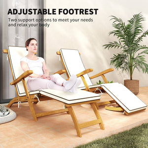 Chaise longue pliante avec coussin rembourré, inclinable en bois d'acacia avec repose-pieds pour jardin, blanc