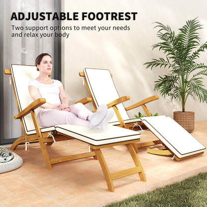 Outsunny Folding Sun Lounger with Padded Cushion, Acacia Wood Reclining Lounge Chair with Footrest for Garden, White