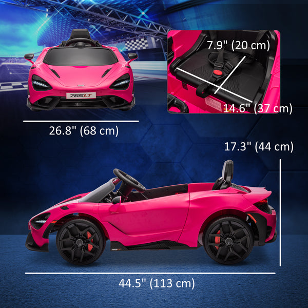 McLaren 765LT 12 V, sous licence, avec portes en ciseaux, roues de transport, télécommande, démarrage lent et klaxon musical, rose