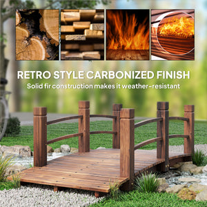 Wooden garden bridge with decorative side railings, stained wood
