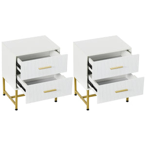 Lot de 2 tables de chevet modernes avec 2 tiroirs cannelés et pieds dorés, blanc