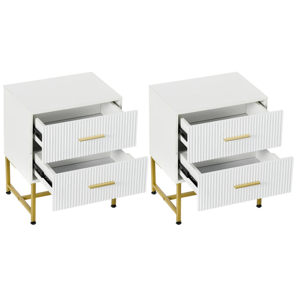 Lot de 2 tables de chevet modernes avec 2 tiroirs cannelés et pieds dorés, blanc