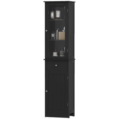 Armoire de salle de bain haute avec tiroirs, 2 portes et étagères réglables, noir