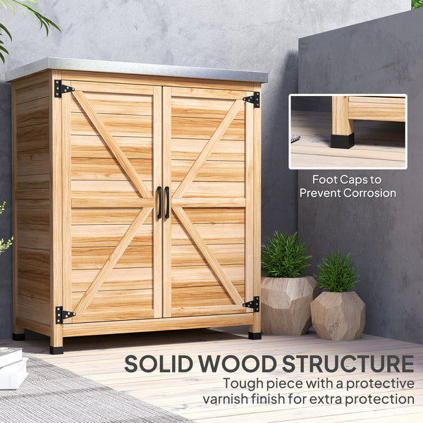 Garden storage unit with metal top, natural color