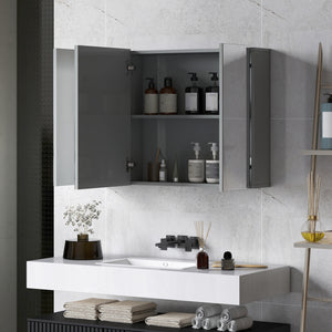 Armoire à pharmacie murale 35" x 24", avec miroir, 3 portes et étagères réglables, gris