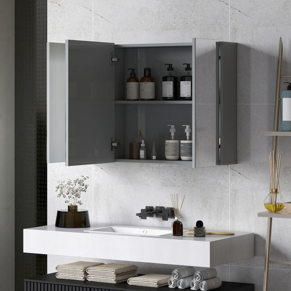 Armoire à pharmacie murale 35" x 24", avec miroir, 3 portes et étagères réglables, gris