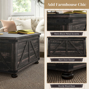 Table basse de style farmhouse avec couvercles rabattables, marron vieilli