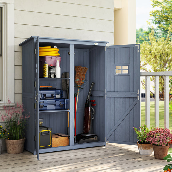 Wooden garden shed for tools with windows and double door, dark grey