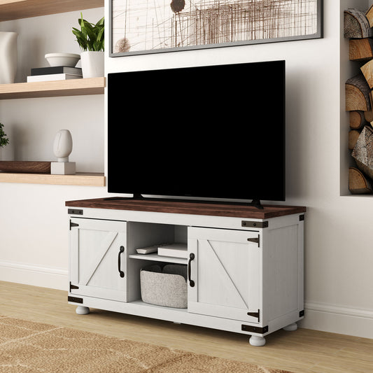 HOMCOM Farmhouse TV Stand for TVs up to 50 inches, with Barn Doors and Cable Management for Living Room, Distressed White