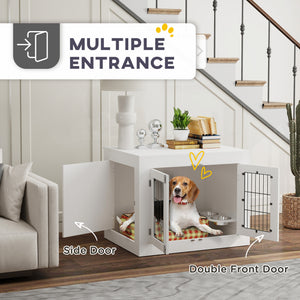 Meuble cage pour chien avec gamelles amovibles et deux portes, blanc