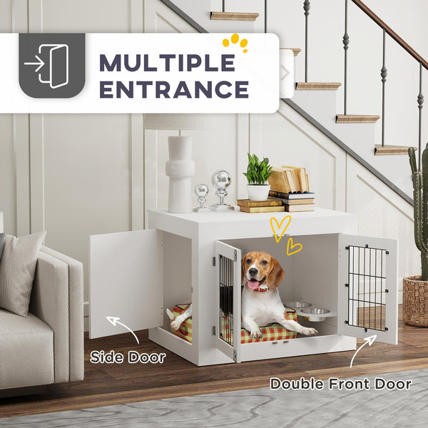 Meuble cage pour chien avec gamelles amovibles et deux portes, blanc
