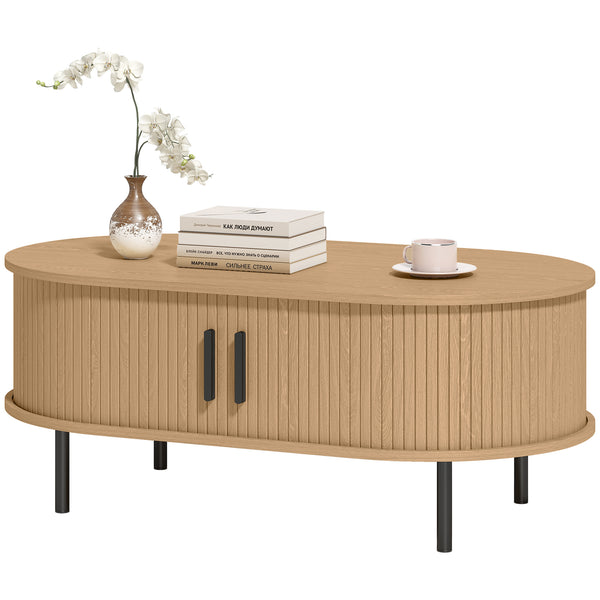 Table basse avec portes coulissantes à tambour et table de rangement centrale, pieds en métal, couleur bois naturel