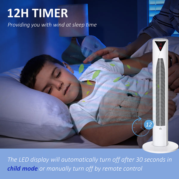 Ventilateur tour autonome avec 3 vitesses, minuterie 12 h, oscillant, panneau de capteur LED, télécommande, blanc