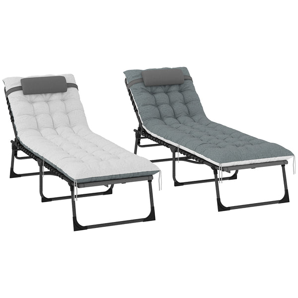 Outdoor Lounge Chair Set of 2, Folding Chaise Lounge Tanning Chair with Cushion, Side Pocket, Grey