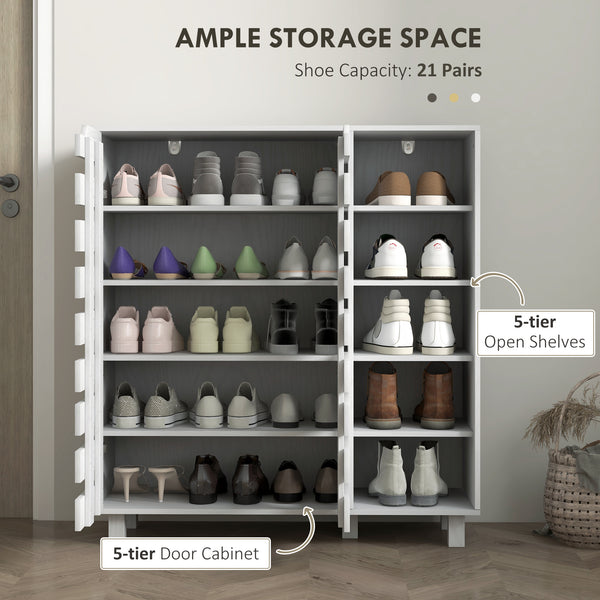 Meuble de rangement pour 21 paires de chaussures avec armoire à double porte à 5 niveaux et étagères ouvertes à 5 niveaux, blanc