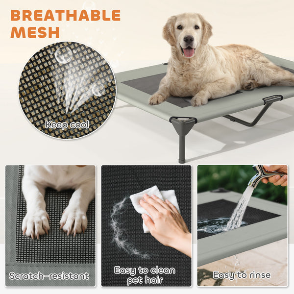 Elevated bed with canopy, steel frame and washable mesh, light gray
