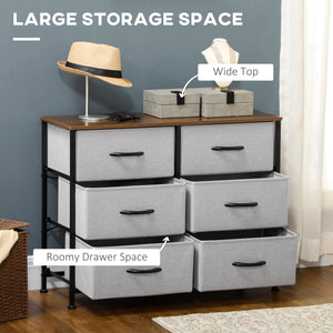 6-drawer fabric chest with steel frame, wood-effect top and handles, grey.