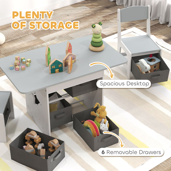 Ensemble table et chaises 3 pièces avec 6 tiroirs amovibles, gris clair