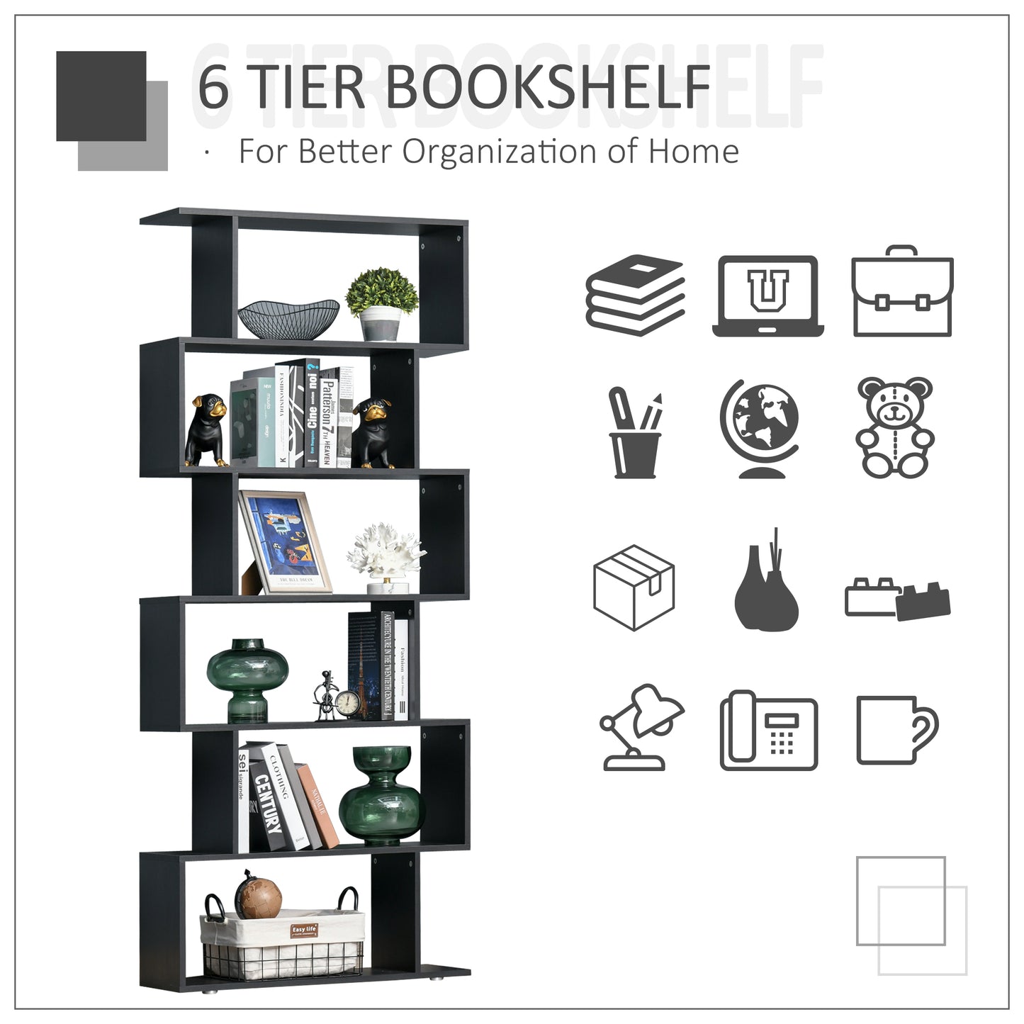 S-shaped wooden bookcase with 6 shelves