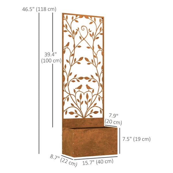 Raised planter with outdoor privacy screen, in metal with trellis, wall-mounted or freestanding, brown