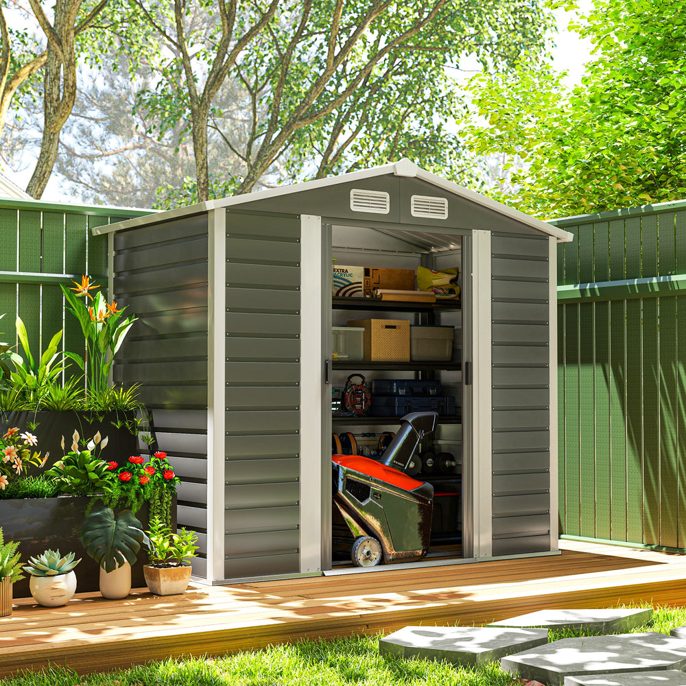 Abri de jardin extérieur 7' x 4' en métal avec portes verrouillables, gris foncé