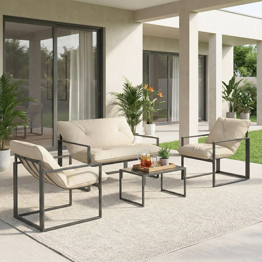 4 Piece Outdoor Furniture Set, Patio Conversation Set with Tempered Glass Table, Loveseat, 2 Chairs and Cushions, Beige