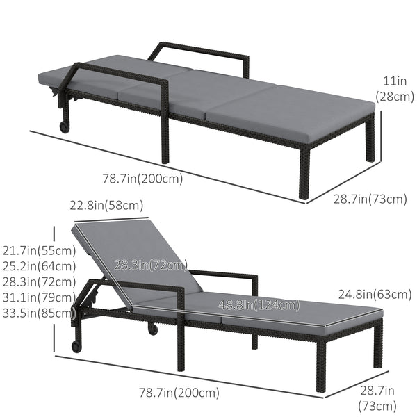 Chaise longue en rotin avec dossier réglable sur 5 niveaux, gris clair