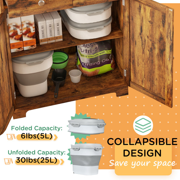 Foldable pet food storage container with airtight lid, grey