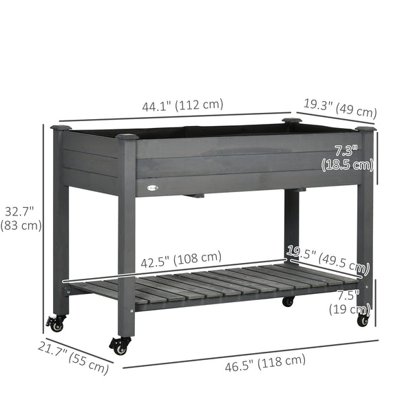 Jardinière surélevée mobile en bois avec roulettes verrouillables et étagère de rangement, gris foncé
