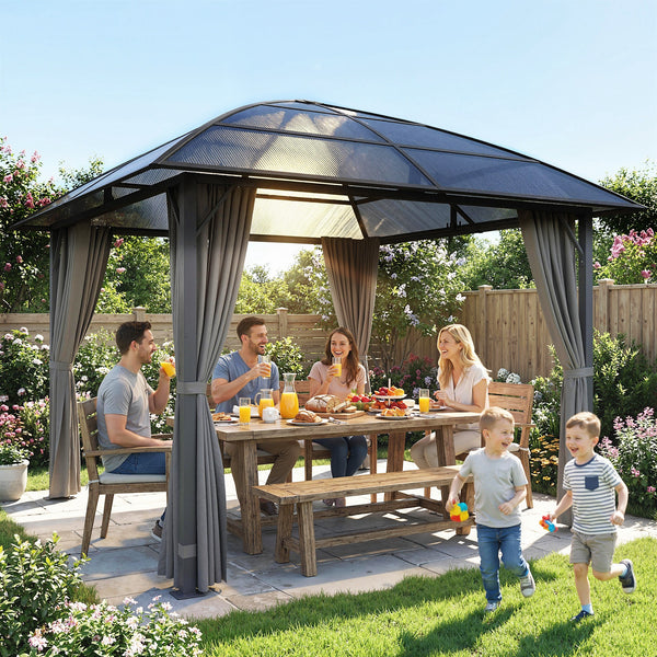 Gazebo toit rigide 10 pi x 10 pi avec structure en acier, crochet central et rideaux, gris clair, en polycarbonate anti-UV50+.