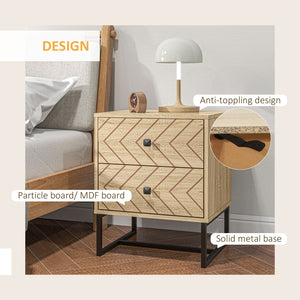Table de chevet moderne avec tiroirs et pieds en métal, design en zigzag, couleur naturelle
