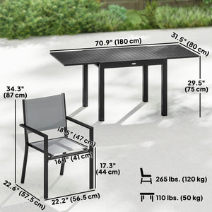 Ensemble de salle à manger d'extérieur 7 pièces en aluminium pour 6 personnes avec plateau extensible et chaises empilables