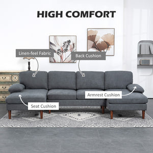 Modern 4 seater sofa with wooden legs, fabric sofa for living room, dark gray