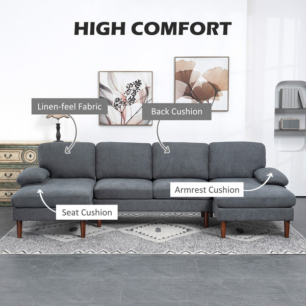Modern 4 seater sofa with wooden legs, fabric sofa for living room, dark gray