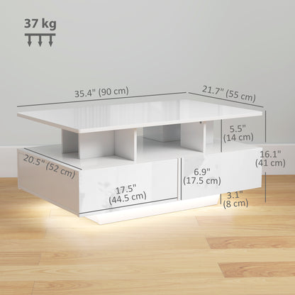 Table basse avec éclairage LED RVB avec 4 tiroirs, étagère ouverte, télécommande, blanc brillant