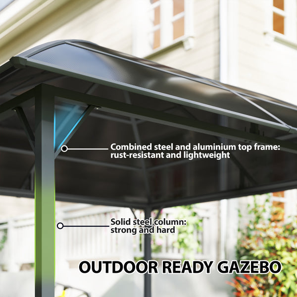Gazebo toit rigide 10 pi x 10 pi avec structure en acier, crochet central et rideaux, gris clair, en polycarbonate anti-UV50+.