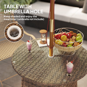 Table de jardin ronde avec trou pour parasol, table basse bistro avec plateau en verre trempé, marron