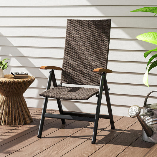 Chaise de salle à manger pliante Outsunny en osier avec cadre en acier, accoudoirs et dossier, pour extérieur, jardin, arrière-cour, marron