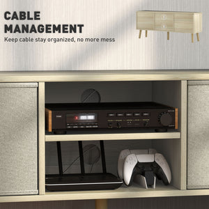 Meuble TV moderne avec tiroirs et étagères pliables, couleur naturelle