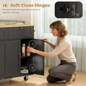 Kitchen trolley with charging station and wheeled lid with waste compartment, black