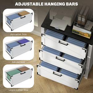 Classeur 3 tiroirs de style campagnard avec barres de suspension réglables pour format lettre, A4, légal, blanc