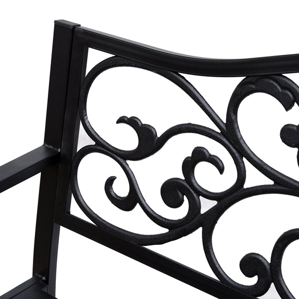 Banc de jardin d'extérieur avec motif floral vintage, en métal moulé, noir