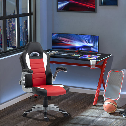 Gaming chair in synthetic leather, adjustable height, flip-up armrests, swivel casters, red