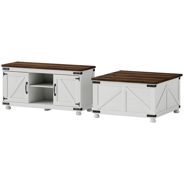 TV Stand and Coffee Table Set, TV Console Table for up to 50" TV , Center Table with Hinged Lift Top , Distressed White