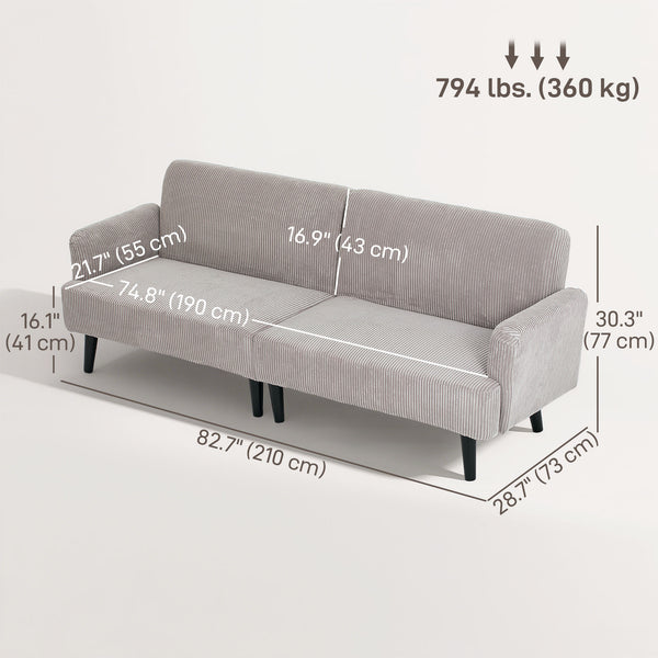 Canapé 3 places en velours côtelé avec pieds en hévéa et assise extra-large, gris clair