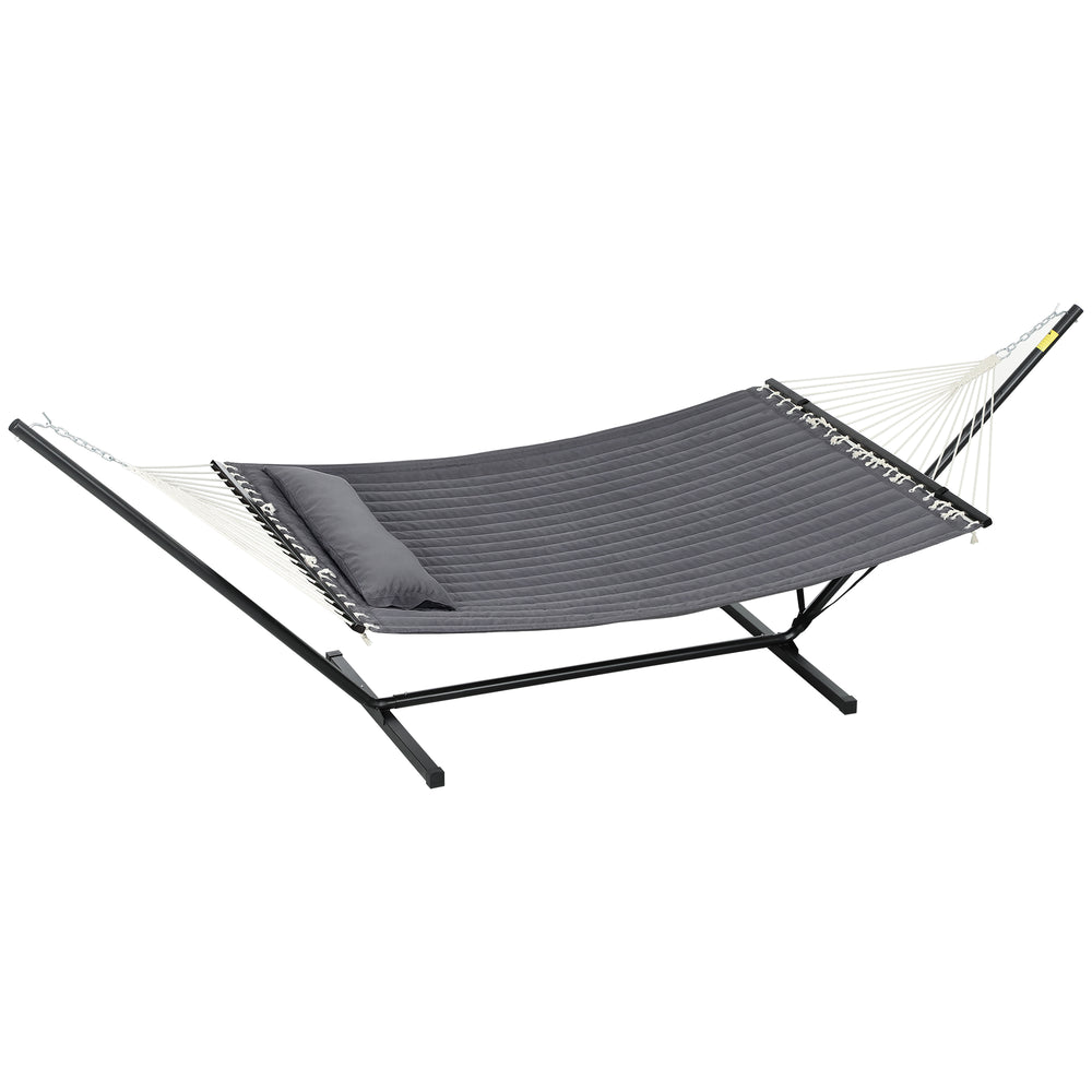 Hamac Outsunny pour 2 personnes, matelassé, double, avec support, oreiller et barres d'écartement, pour camping en plein air, plage, gris foncé