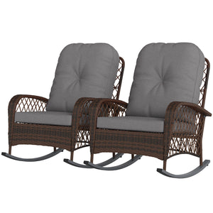 Lot de 2 fauteuils à bascule d'extérieur en rotin et osier avec coussins épais, gris