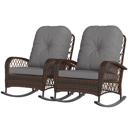 Outsunny Outdoor Wicker Rattan Rocking Chair Set of 2, Patio Rocker with Thick Cushions for Garden Backyard Porch, Gray |