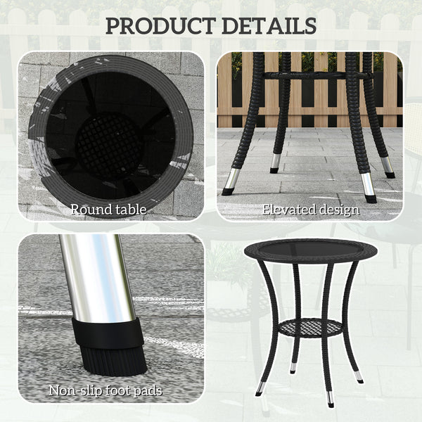 Table de salle à manger d'extérieur en rotin avec étagère de rangement à 2 niveaux, noire